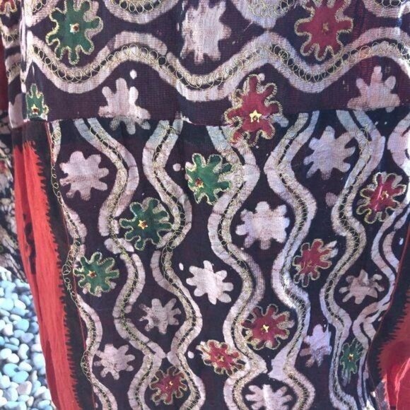 Embellished Caftan Womens Vintage Ethnic Red Black Zip Gold Threading Block Dyed - Picture 9 of 15
